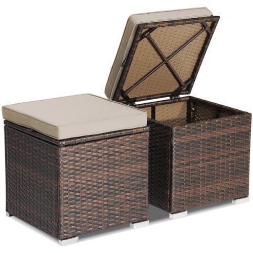 Costway - 2PCS Patio Rattan Ottomans Seat Side Table Storage Box Footstool with Cushion - Beige + Mix Brown-Front_Standard 