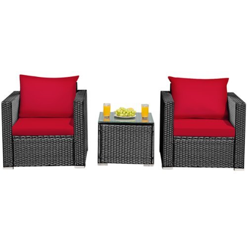 Costway 3PCS Patio Rattan Wicker Furniture Set Sofa Table W/Cushion Yard - Red