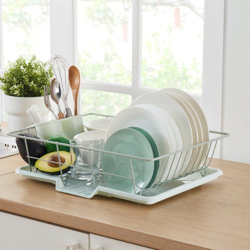 Sweet Home Collection - Steel 3-Piece Large Countertop Dish Drainer with Drain Board & Utensil Holder - Mint-Front_Standard 
