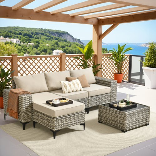 Ovios - 5 PCS Patio Furniture Set Outdoor Sectional Sofa Deep Seat Couch with Solar Coffee Table - Beige-Front_Standard 