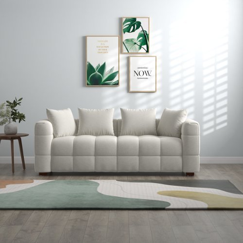 Bestier Wide Living Room Sofa, Mid Century Modern Comfortable Beige Sofa with 4 Pillows, Extra Wide Sofa Bed