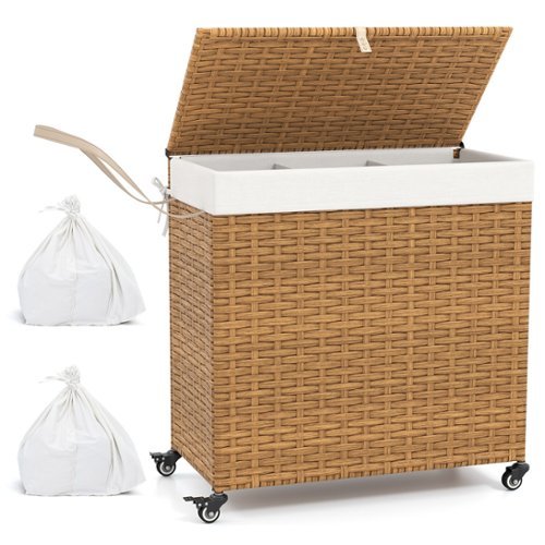 Costway - Laundry Hamper w/Wheels & Lid, 125L 3-Section Clothes Hamper w/2 Liner Bags - Natural-Front_Standard 