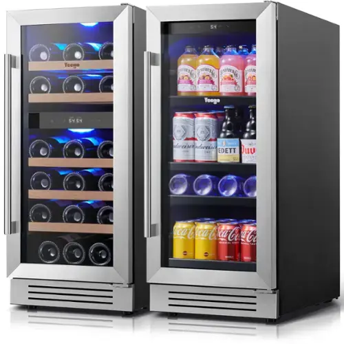 Sure, here is the corrected and grouped text from the image:

**Left Side (Wine Cooler):**
- Yeego
- 5454
- AVO

**Right Side (Mini Fridge):**
- Yeego
- 5454
- AVO
- Souburg Depbanig Sang Syale
- dda
- Veege
- DN
- GAV
- 54
- 5
- 54
- AVO
- 13
- 18
- Rmite
- ndweiser
- ndweiser
- N. EDETT
- Duu
- CO
- ae
- Famas
- Coca-Cola
- Coca-Cola
- Coca-Cola
- Coca-Cola
- Coca-Cola
- AST
- PRL
- TAS
- Sim