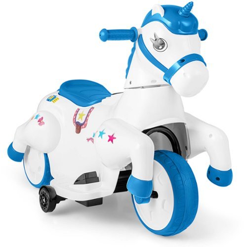 Costway - 12V Kids Ride on Unicorn Toy with Training Wheels Music One-button Start Horse Toy - Blue-Front_Standard 
