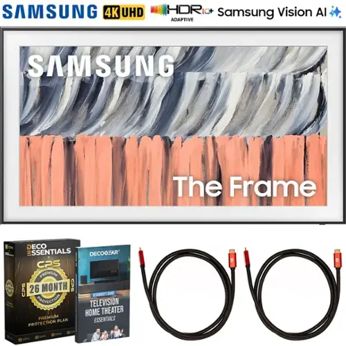 SAMSUNG 4K UHD  
HDR10+ Samsung Vision AI ADAPTIVE  

SAMSUNG  
The Frame  

DECO ESSENTIALS  
CPS PREMIUM  
26 MONTH CPS  
BEGINNER'S GUIDE  
TELEVISION HOME THEATER ESSENTIALS PROTECTION