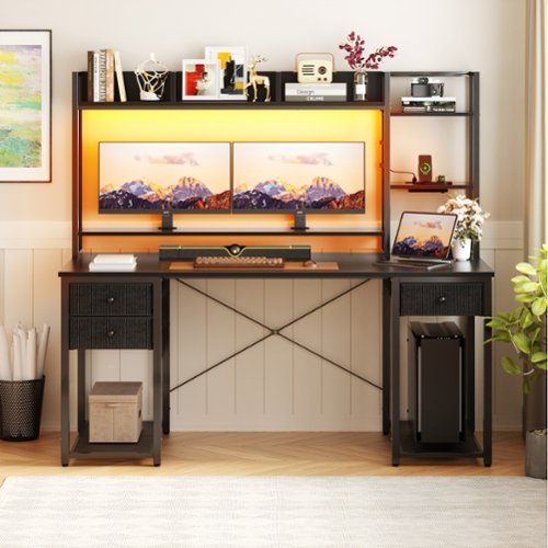 Aheaplus - Computer Desk with Hutch, Gaming Desk with Drawers, LED Lights, Outlets, and Monitor Stand - Black-Front_Standard 