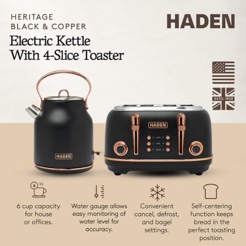 Haden Heritage 4 Slice Wide Slot Toaster & Electric Kettle, Black
