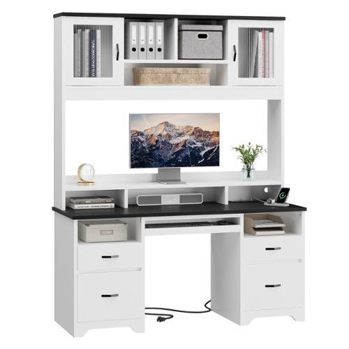 Bestier - 59-inch Computer Desk with Hutch, Charging Station, Fluted Storage Cabinet and Keyboard Tray - White-Front_Standard 