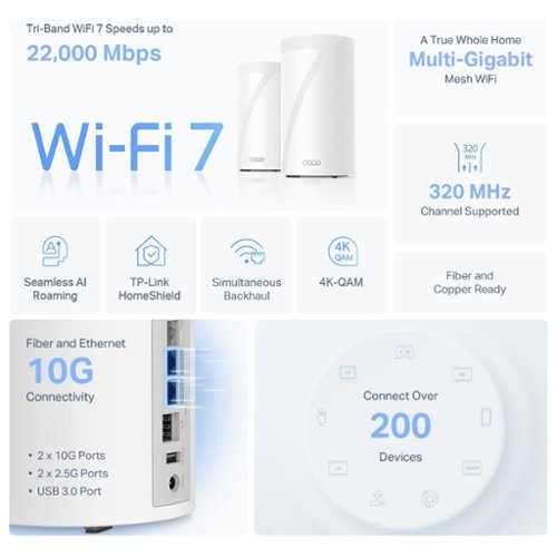 TP-Link Deco BE85 Wi-Fi 7 BE22000 Tri-Band Whole Home Multi-Gigabit Mesh System (3-Pack) - White GLOBAL SHIPPING
