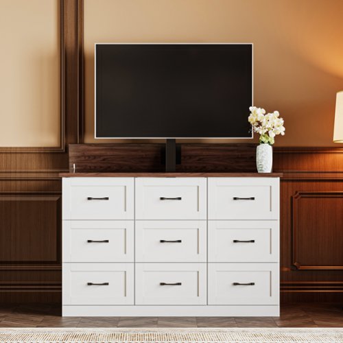 Famapy - Electric Lift TV Cabinet with Storage – Adjustable Height, Hidden Power, Modern Living Room Furniture for 65" TVs - Brown & White-Front_Standard 