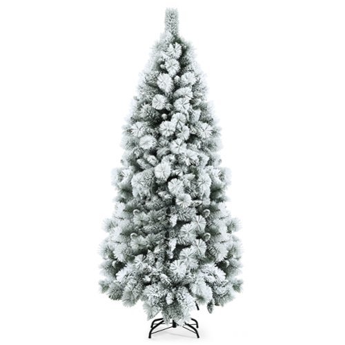 Costway - Snow Flocked Hinged Artificial Slim Christmas Tree with Pine Needles - Green/White