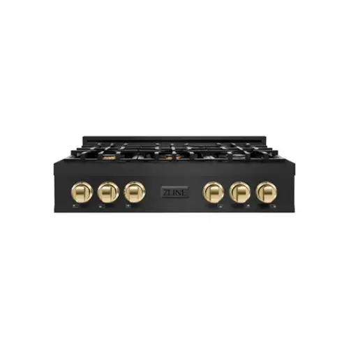 Front. ZLINE - ZLINE Autograph 36 in. Classic Rangetop w/ 6 Burners in Black Stainless Steel & Gold Accents - Black Stainless Steel.