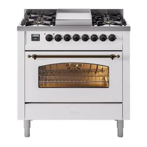Front. ILVE - ILVE Nostalgie II Series 36 in. Dual Fuel Range with 6 Sealed Burners + Griddle (Natural Gas, Burnished Trim) - White.