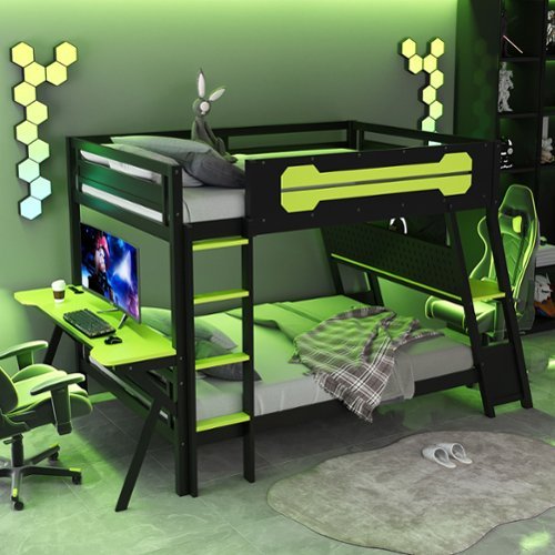 Anysun - Full Size Bunk Bed with Two Built-In Gaming Desks, USB Desktop Ports & Pegboard Organizer, Gaming Bunk Frame for Gamer - Green-Front_Standard 
