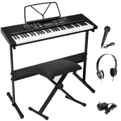 Stock Preferred - 61-Key Electronic Keyboard Piano with Microphone, Stand, Stool, Headphones - Black-Front_Standard 