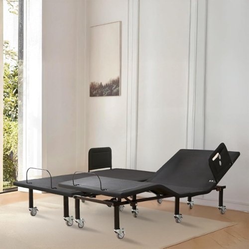 Renanim - Split King Adjustable Bed Frame with Bed Rails for Adults, Wireless Remote, Under-Bed Light, USB Ports, Brake Wheel Legs - Black-Front_Standard 