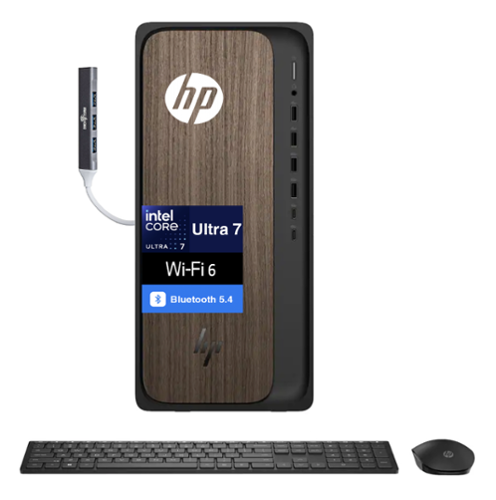HP - OmniDesk OmniDesk Desktop (Intel Ultra 7-265, 64GB DDR5, 4TB PCIe SSD, Intel Graphics, Win 11 Pro) w/USB Hub - Dark Wood-Front_Standard 