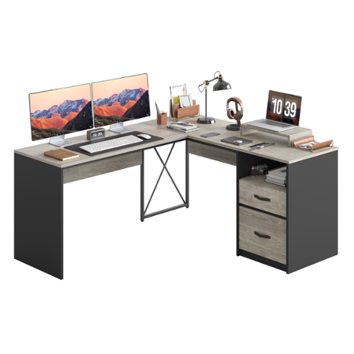 Bestier 55" L-Shaped Gaming Desk with Drawers and File Cabinet Farmhouse-Style Computer Desk - Gray