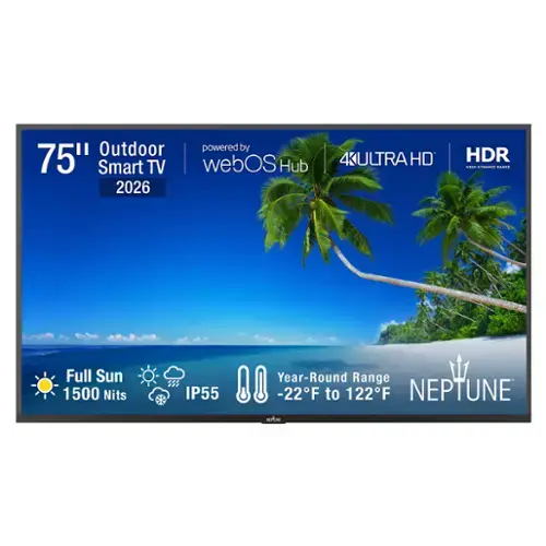 75" Outdoor Smart TV 2026  
powered by webOS Hub  
4K ULTRA HD  
HDR  
Full Sun 1500 Nits  
IP55  
Year-Round Range -22°F to 122°F  
NEPTUNE