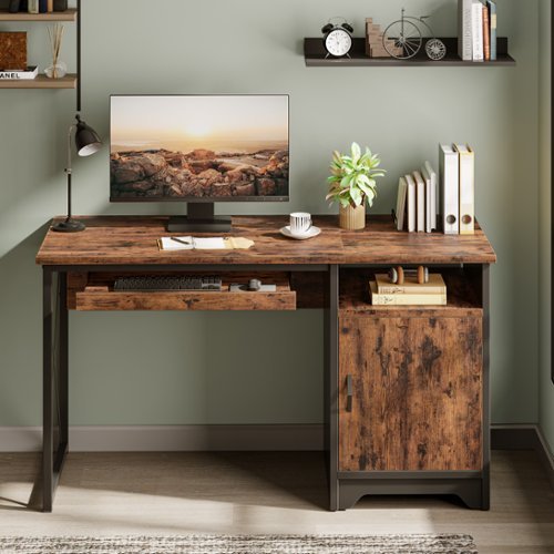 Bestier - 47" Reversible Home Office Desk with Storage, Keyboard Tray & Metal Frame Gaming Room - Brown-Front_Standard 