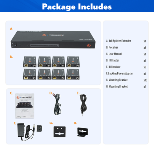 J Tech Digital 4K 60Hz 1x8 HDMI Splitter Extender Over Ethernet w