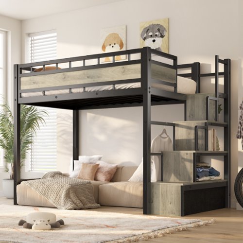 KERDOM - Loft Bed with Stair & Storage Twin Size, Heavy Duty Metal Loft Bed Frame Large Under Bed Space for Apt, Space Saving - Bed Frame Only-Front_Standard 