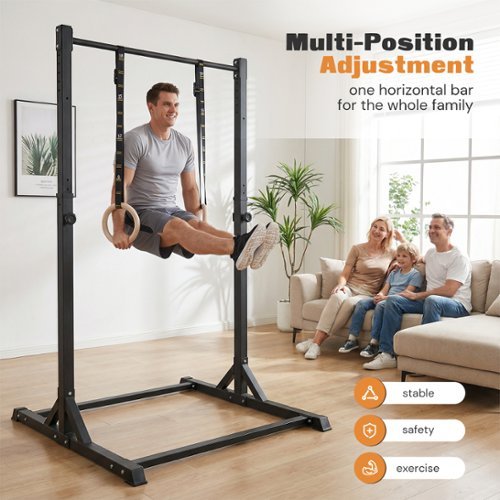 KERDOM - Home Gymnastics Horizontal Bar with Rings, Adjustable Pull Up Bar Station, Stable Power Tower Station for Home Gym - Black-Front_Standard 