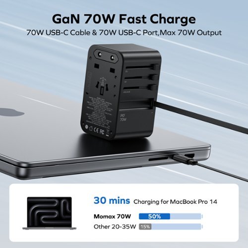 Momax 1-World+ 3-Port Travel GaN Charger With Built-in USB-C Cable 70W - Black GLOBAL SHIPPING