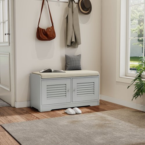 TinyHomie - 28.74in Shoe Storage Bench with 2 Door Cabinet Grey Shoe Storage Shoe Bench with Cushion Adjustable Shelves - Gray-Front_Standard 