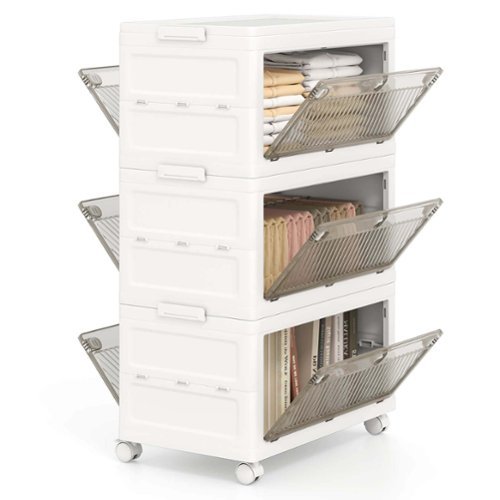 Costway - 3-Tier Stackable Storage Bins 33-gal Collapsible Storage Boxes with Lid Organizer - White,Brown-Front_Standard 