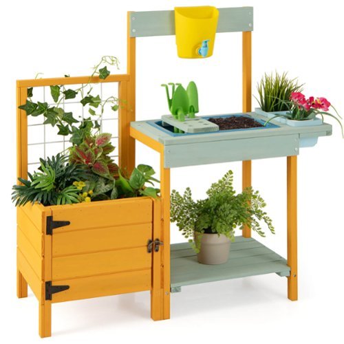 Gymax - Wooden Potting Bench for Kids w/ See-Through Window Planter Box Garden Trellis - Yellow, Blue-Front_Standard 