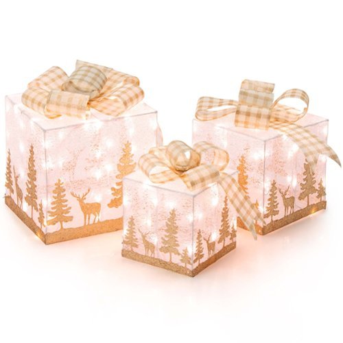 Costway - Set of 3 Pre-Lit Christmas Gift Boxes Lighted Present Decoration with 100 Lights - Gold/White-Front_Standard 