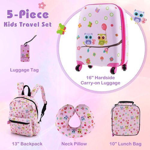 Costway 5 PCS Kids Luggage Set with Backpack Neck Pillow Luggage Tag Lunch Bag Wheels - Light Pink BUY IN EUROPE