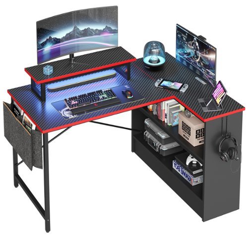 Bestier Reversible L-Shaped Gaming Desk with LED Monitor Stand, Storage Shelves, and Bag - 42" wide - Black