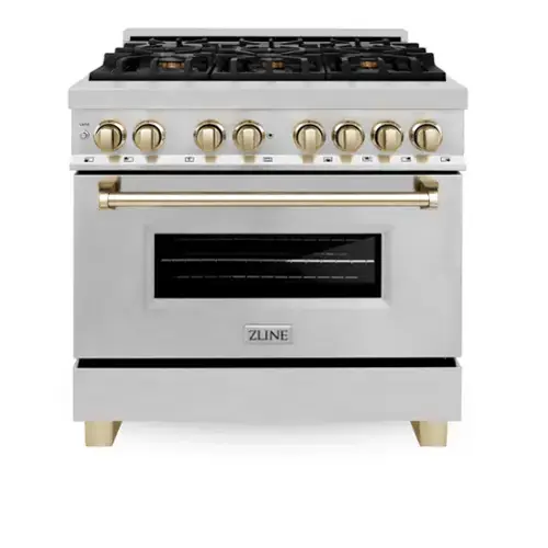 Front. ZLINE - Autograph 36 in. 4.6 cu. ft. Legacy Freestanding Dual Fuel Range with  6 Burners & Convection Oven w/ Gold Accents - Stainless Steel/Polished Gold Accents.