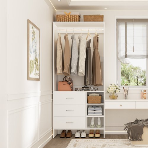 Aheaplus - 2.5FT Closet System with 3 Drawers, 29.6'' Closet Organizer with Hanging Rod and Shelves - White-Front_Standard 