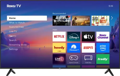 Roku TV  
9:26  

Recommended  
- NEWS LIVE  
- LANDMAN  
- THE GREAT AMERICAN BAKE-OFF  

Home  
What to Watch  
Featured Free  
Live TV  
Sports  
Search  
Streaming Store  
Settings  

Apps  
- Netflix  
- Disney+  
- Apple TV  
- Roku Channel  
- howdy  
- Paramount+  
- ESPN  
- Prime Video  
- Live TV Guide  
- Game Console  
- Cable Box  
- frndly*