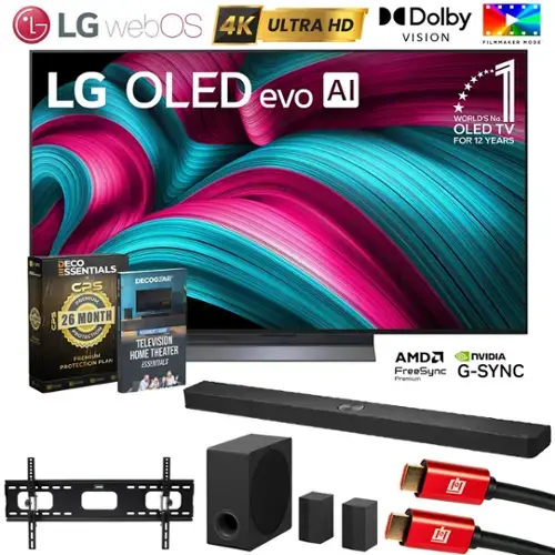- LG webOS 4K ULTRA HD LG OLED evo AI
- Dolby VISION FILMMAKER MODE
- WORLD'S No. 1 OLED TV FOR 12 YEARS
- O GAN D ECO
- SSENTIALS DECOGEAR CPS
- PREMIUM CPS
- 26 MONTH PROTECTION
- RONITS SEE TELEVISION PREMIUM HOME THEATER PLAN ESSENTIALS PROTECTION
- AMD2 NVIDIA FreeSync G-SYNC Premium