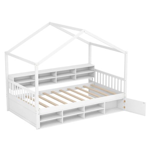 Costway Twin Size House Bed Wooden Platform Bed Frame with Roof & 14 Storage Cubes - White