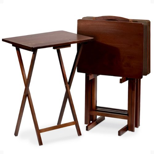 PJ Wood - Folding TV Tray Tables with Compact Storage Rack, 5 Piece Set - Walnut-Front_Standard 