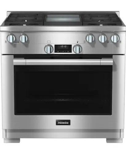 The image shows a stainless steel oven with the time 10:10 displayed on the front.