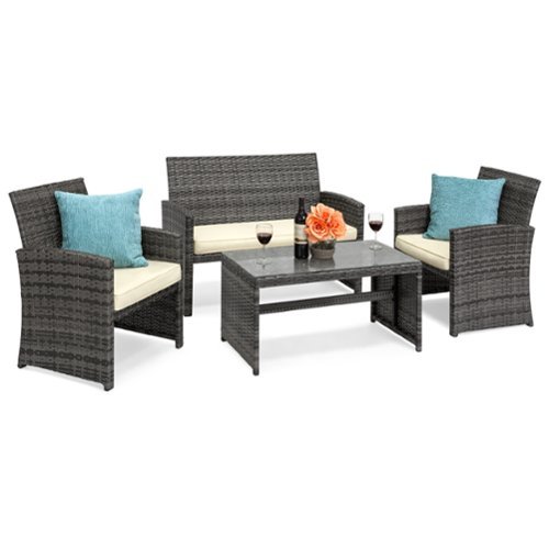 Best Choice Products - 4-Piece Outdoor Wicker Patio Conversation Furniture Set w/ Table, Cushions - Gray/Cream-Front_Standard 