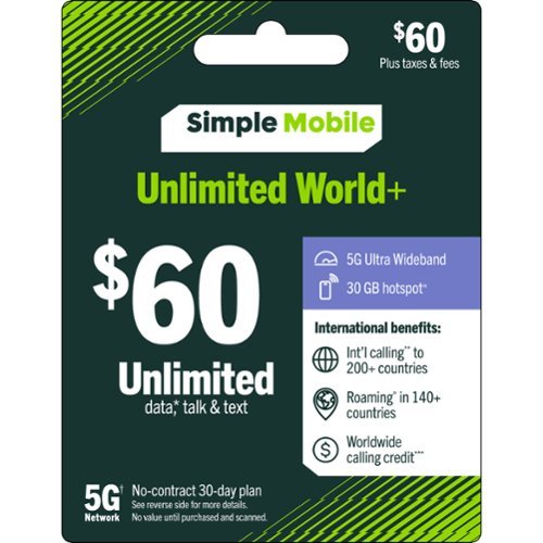 Simple Mobile - $60 Unlimited World+ Talk & Text 30-Day Plan (Email Delivery) [Digital]-Front_Standard 