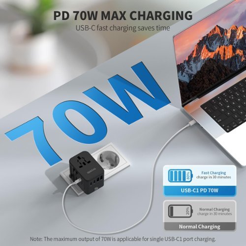 Epicka GaN 70W Universal Travel Adapter with 3 USB-C PD Fast Charging & 2 USB-A (TA-105 Pro, Black) - Black WORLDWIDE DELIVERY