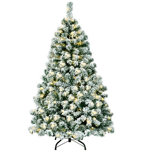 Costway 4.5Ft Pre-Lit Premium Snow Flocked Hinged Artificial Christmas Tree w/200 Lights - Green/White