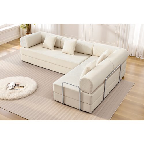 KERDOM - L-Shaped Corduroy Couch Chaise Lounge, 78'' Foldable Sofa Bed 2pcs Combined, Spliced Block Modular Sectional Sponge Sofa - Beige-Front_Standard 