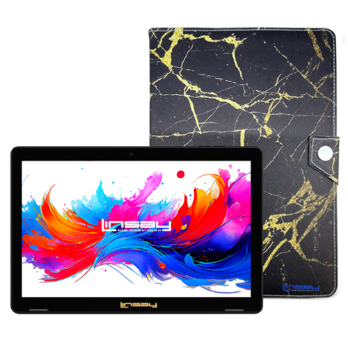 LINSAY - 10.1"Octa Core 256GB Storage Android 15 Tablet with and Golden Marble Case - Black-Front_Standard 