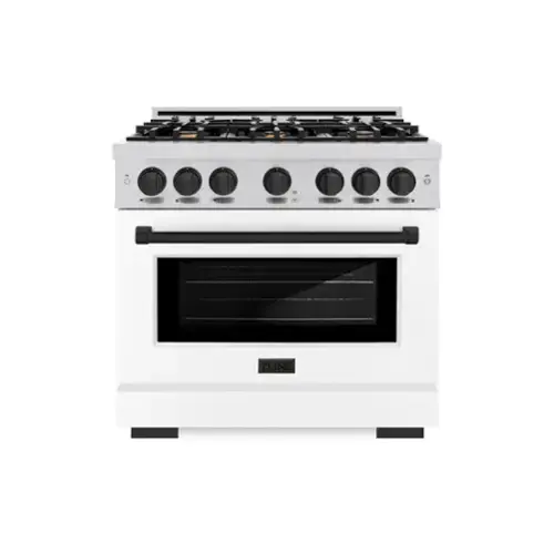 Front. ZLINE - ZLINE Autograph 36" Freestanding Select Gas Range w/ 6 Burners & White Door w/ Black Accents (HGRZ-WM-36-MB) - Stainless Steel.