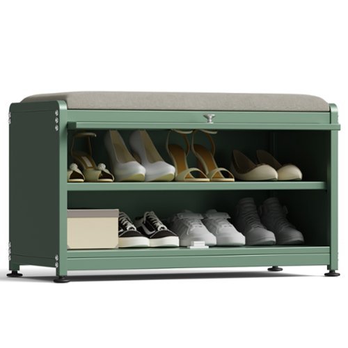 Malletson - 3-Tier Shoe Storage Bench, Metal Shoe Rack with Removable Seat Cushion, for Entranceways, Hallways and Bedrooms - Green-Front_Standard 