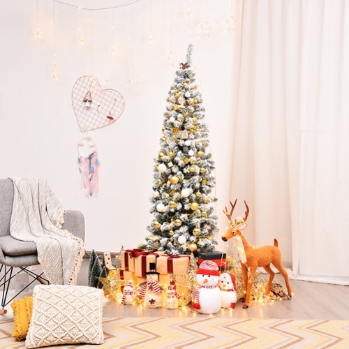 Costway - 6Ft Unlit Hinged Snow Flocked Artificial Pencil Christmas Tree with 500 Branch Tips - Green/White